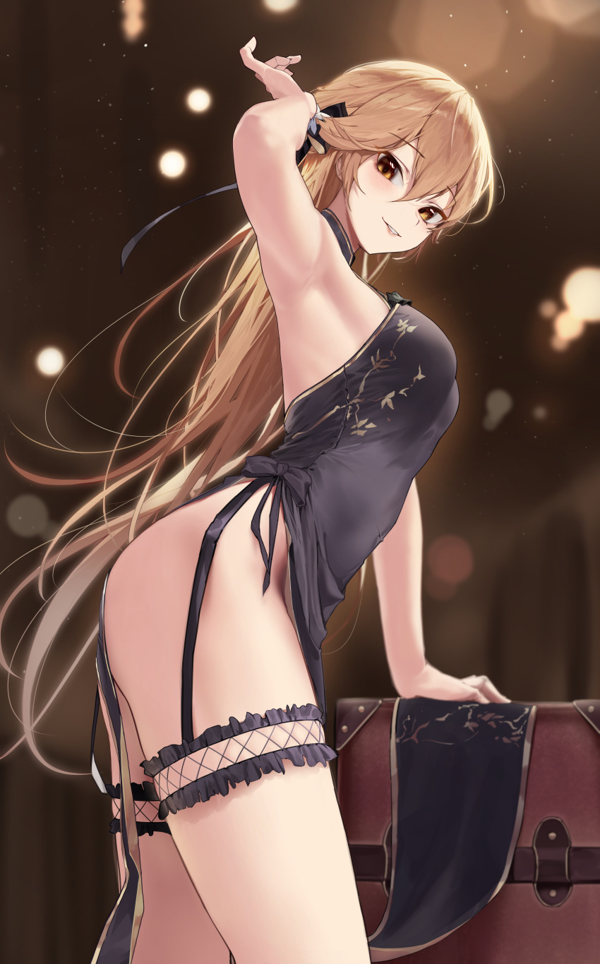 1girl absurdres armpits bangs black_dress blonde_hair blush breasts closed_mouth commission dress eyebrows_visible_through_hair feet_out_of_frame girls'_frontline hair_ribbon hand_in_hair hand_up highres leaning_forward lips long_hair looking_at_viewer marrrrrr medium_breasts no_panties official_alternate_costume ots-14_(girls'_frontline) ots-14_(sangria_succulent)_(girls'_frontline) pixiv_request ribbon sideboob smile solo standing thighs yellow_eyes