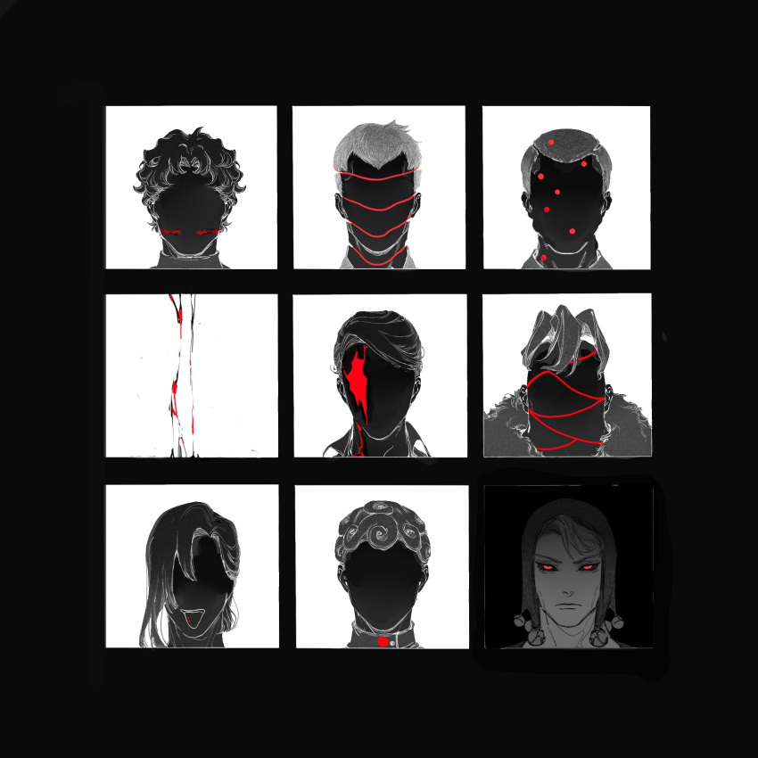 6+boys blood blood_on_face bullet_hole dismemberment domino_mask formaggio gelato ghiaccio glasses greyscale grid hat hat_bobbles highres illuso jojo_no_kimyou_na_bouken mask melone mitus monochrome multiple_boys pesci portrait prosciutto red_eyes risotto_nero shaded_face silhouette smoke sorbet spot_color straight-on vento_aureo