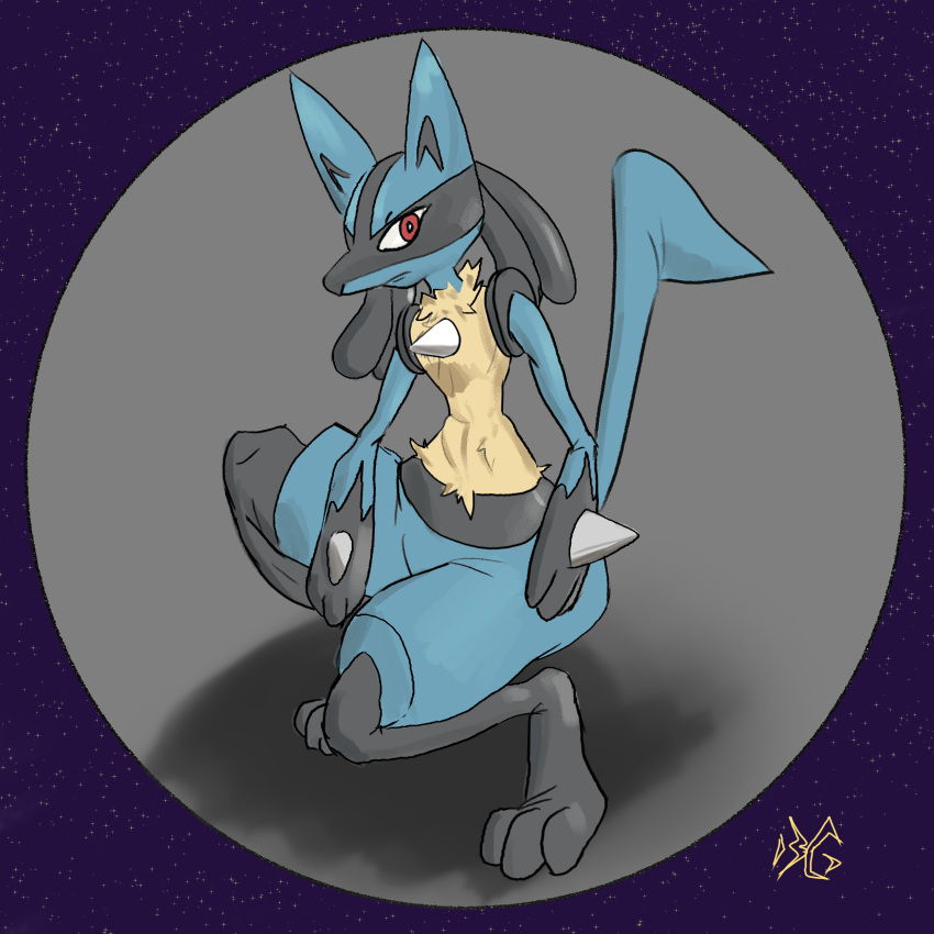 abstract_background absurd_res ambiguous_gender anthro athletic bearglyph blue_body blue_fur crouching fur hi_res lucario nintendo pok&eacute;mon pok&eacute;mon_(species) red_eyes solo video_games