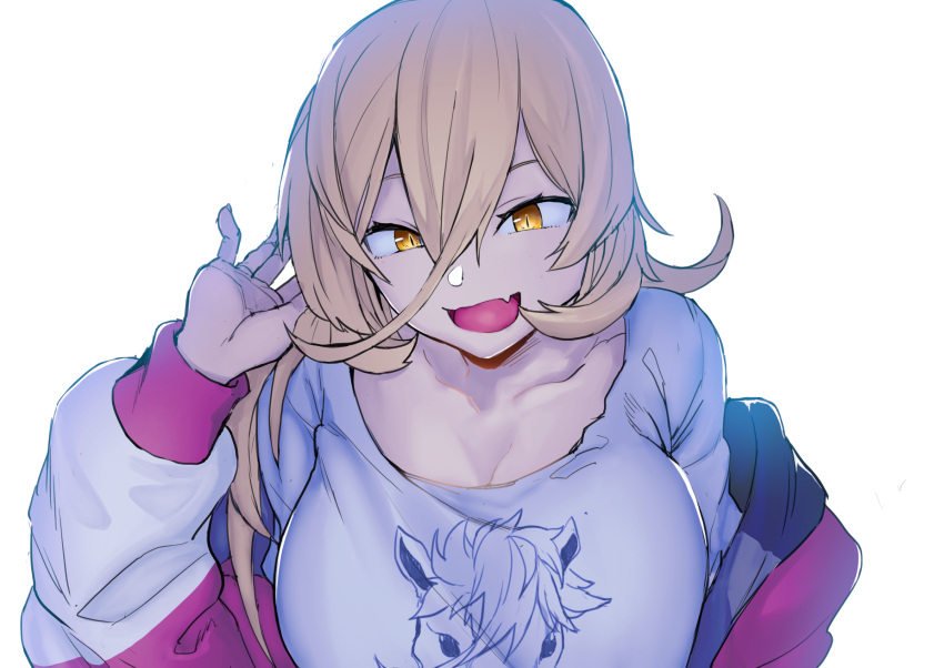 1girl bangs blonde_hair breasts cleavage fang gomio_(bb-k) hair_between_eyes highres jacket large_breasts long_hair long_sleeves nijisanji nui_sociere open_clothes open_jacket shirt simple_background skin_fang solo t-shirt upper_body virtual_youtuber white_background white_shirt yellow_eyes