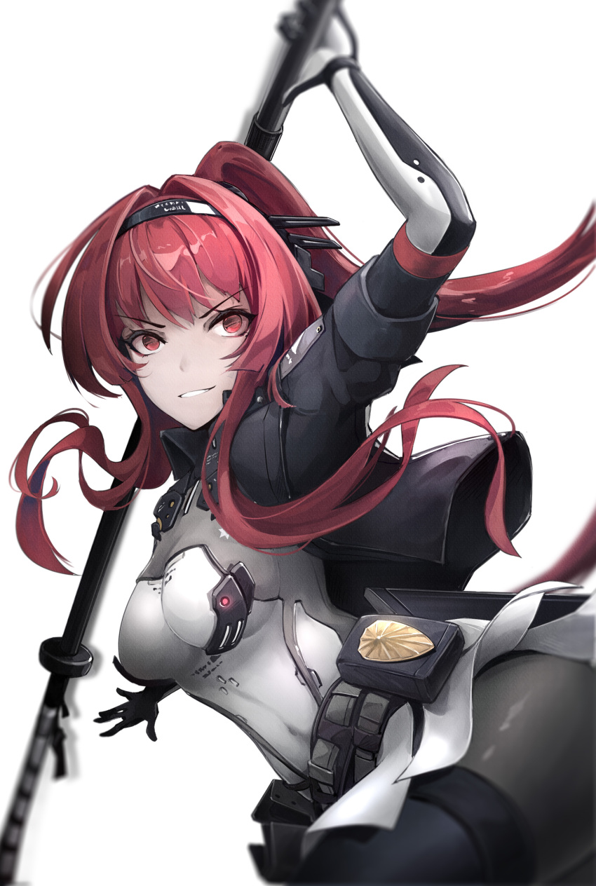 1girl absurdres bangs breasts eyebrows_visible_through_hair hair_scarf hair_tie highres holding holding_weapon long_hair looking_at_another mcoco7 medium_breasts punishing:_gray_raven red_eyes red_hair simple_background smile thighs vera_(punishing:_gray_raven) weapon white_background