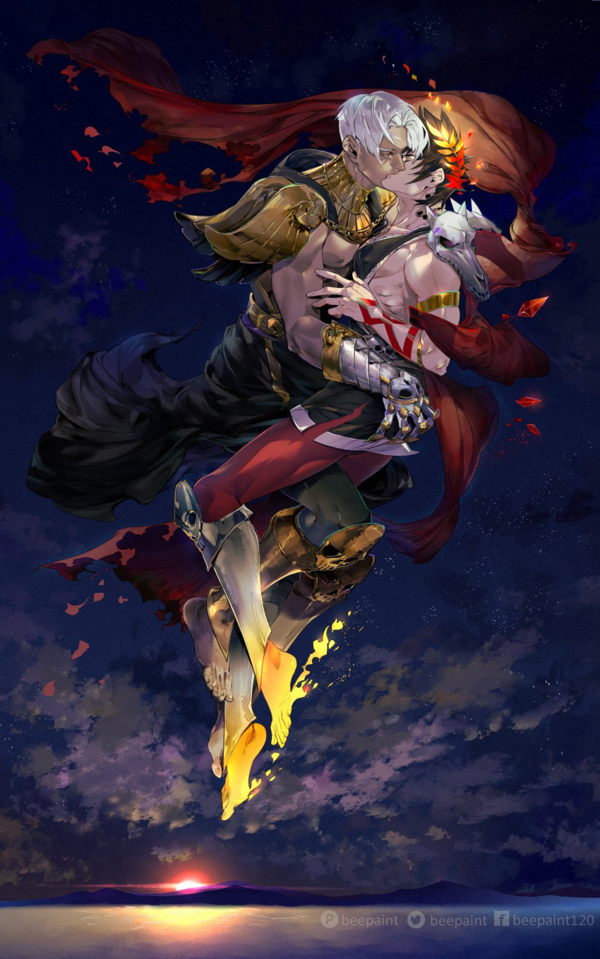 2boys barefoot beepaint black_hair black_nails closed_eyes cloud dark-skinned_male dark_skin dawn floating gauntlets gorget greek_clothes hades_(game) highres kiss laurel_crown leggings male_focus multiple_boys single_bare_shoulder single_gauntlet skull sky star_(sky) starry_sky thanatos_(hades) white_hair yaoi zagreus_(hades)