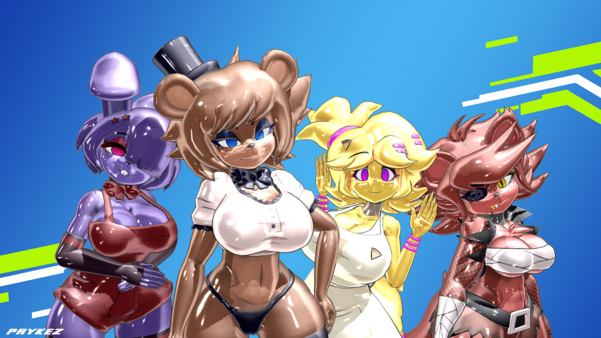 accessory anthro apron avian badge bandaged_arm bandaged_chest big_breasts bird black_arm_warmers black_bow_tie black_clothing black_thong black_top_hat black_underwear blue_eyes bonnie_(cally3d) bonnie_(fnaf) bracelet breasts brown_body brown_fur buckteeth canid canine chica_(cally3d) chica_(fnaf) chicken clothing eye_patch eyewear feathers female five_nights_at_freddy's fox foxy_(cally3d) foxy_(fnaf) freddy_(fnaf) fredina_(cally3d) fur galliform gallus_(genus) gold_(metal) gold_tooth group hair hair_accessory hair_over_eye hairclip hi_res jewelry lagomorph leporid mammal one_eye_obstructed overalls phasianid photo pink_eyes prykez purple_body purple_fur rabbit red_body red_bow_tie red_eyes red_fur red_overalls scottgames smile teeth thong underwear ursid video_games yellow_body yellow_eyes yellow_feathers