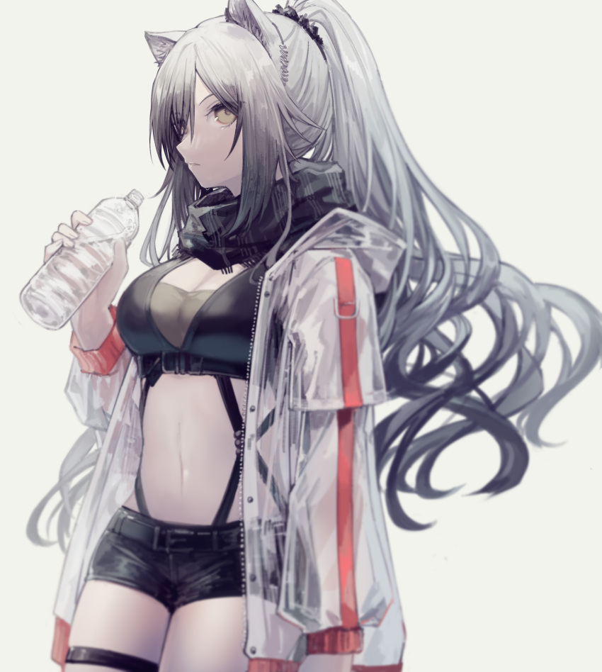 1girl absurdres animal_ears arknights black_scarf bottle breasts cat_ears commentary cowboy_shot crop_top grey_background hand_up highres holding holding_bottle jacket large_breasts long_hair long_sleeves looking_at_viewer midriff miike_(992058) navel open_clothes open_jacket scarf schwarz_(arknights) see-through silver_hair simple_background solo standing stomach thigh_strap water_bottle white_jacket yellow_eyes