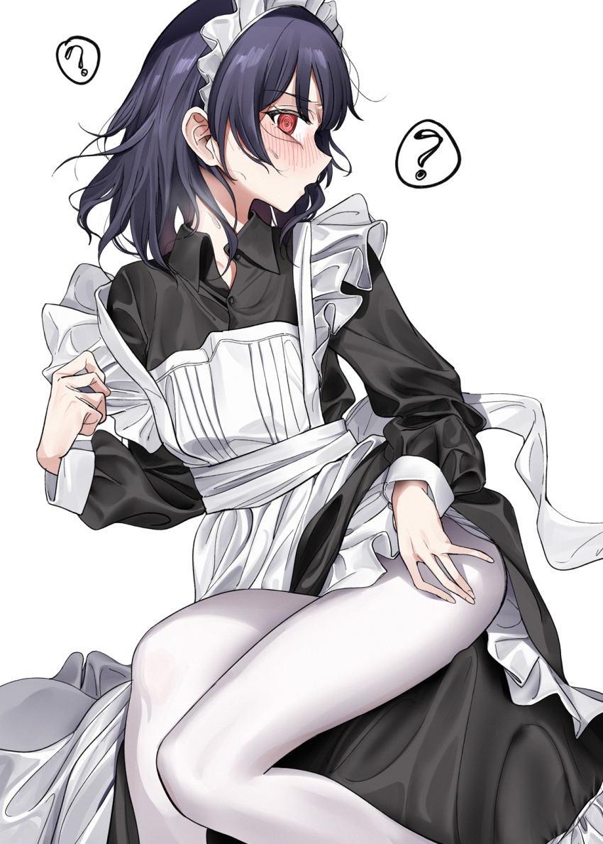 1girl ? @_@ alternate_costume apron bangs black_dress blue_hair blush clothes_lift collared_dress dress dress_lift enmaided highres hypnosis idolmaster idolmaster_shiny_colors liu_chi_tiantang_fr long_sleeves looking_at_viewer maid maid_apron maid_headdress medium_hair mind_control morino_rinze nose_blush open_clothes open_dress open_mouth pantyhose petticoat red_eyes solo spoken_question_mark sweat white_apron white_legwear