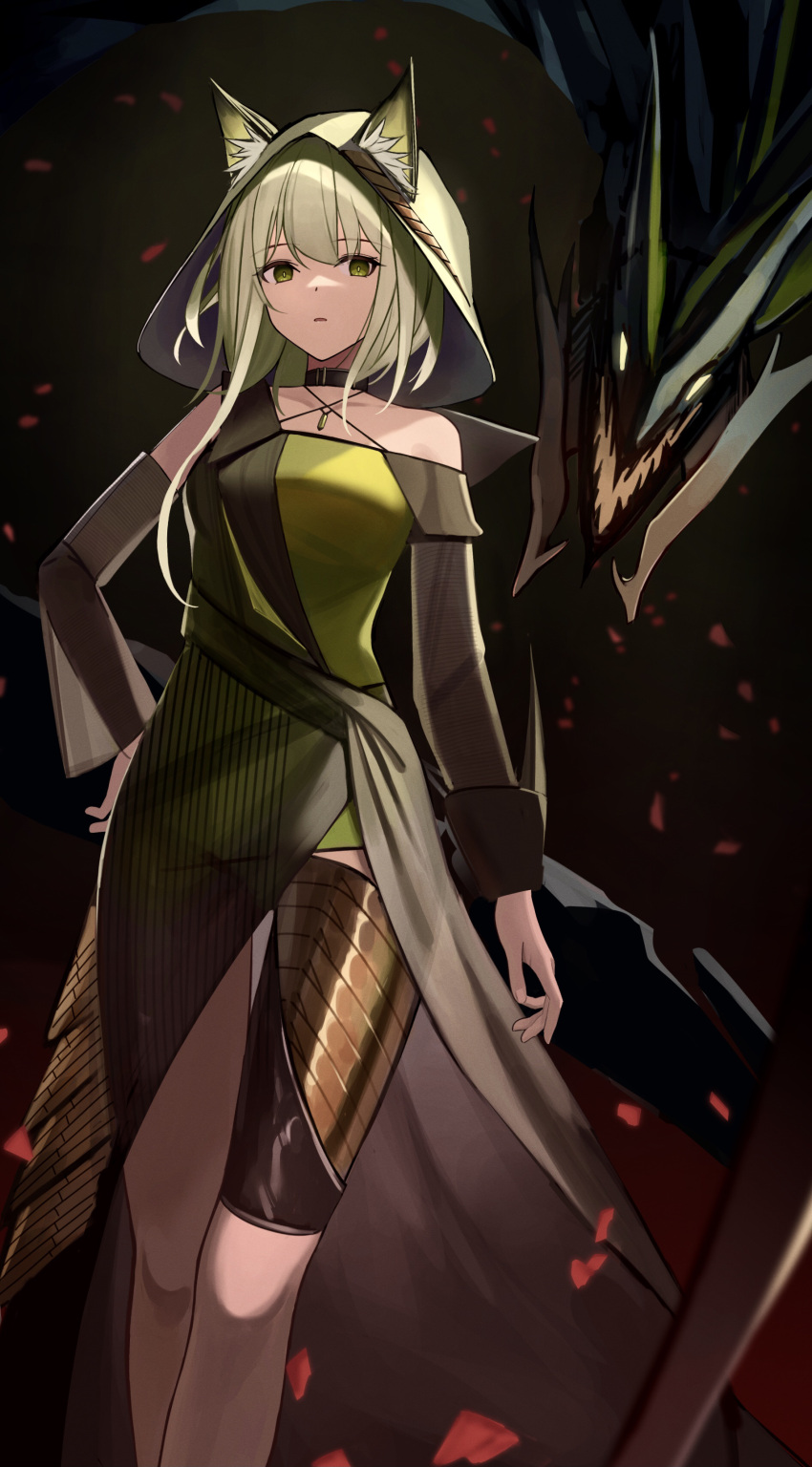 1girl absurdres animal_ear_fluff animal_ears arknights bare_shoulders black_choker brown_background cat_ears choker collarbone detached_sleeves dress ears_through_headwear feet_out_of_frame gradient gradient_background green_dress green_eyes green_hair hand_on_hip highres kal'tsit_(arknights) long_sleeves looking_at_viewer mon3tr_(arknights) monster official_alternate_costume parted_lips petals short_dress short_hair single_detached_sleeve solo standing teruru0321 thigh_gap veil