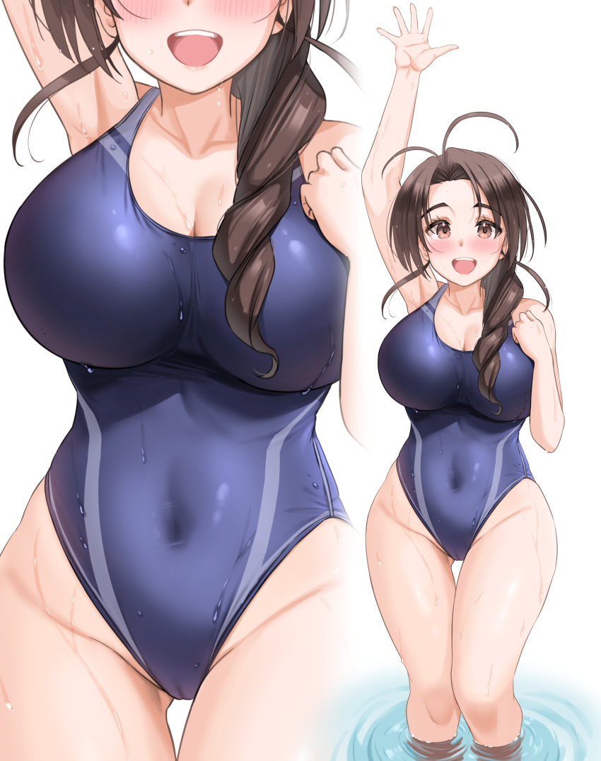 1girl absurdres antenna_hair blue_swimsuit breasts brown_eyes brown_hair cleavage commentary_request commission competition_swimsuit covered_navel head_out_of_frame highleg highleg_swimsuit highres kibihimi large_breasts long_hair love_hina one-piece_swimsuit otohime_mutsumi simple_background soaking_feet solo standing swimsuit thigh_gap water waving white_background zoom_layer