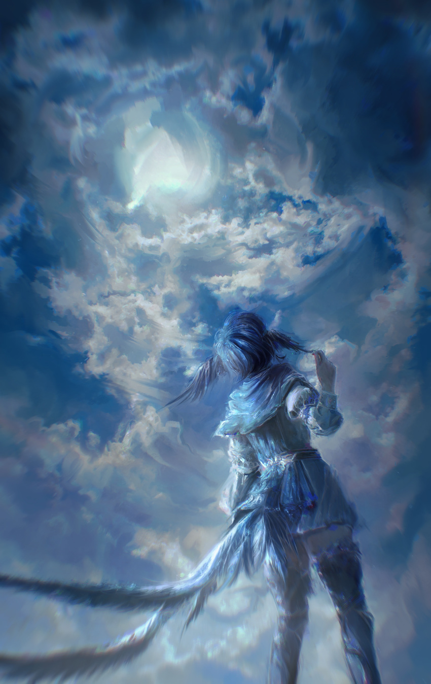 1girl absurdres bird_girl bird_legs bird_tail blue_capelet blue_hair blue_tail capelet cloud facing_away final_fantasy final_fantasy_xiv from_behind head_wings highres looking_up meteion norino_(106592473) outdoors short_hair sky solo tail wing_ears