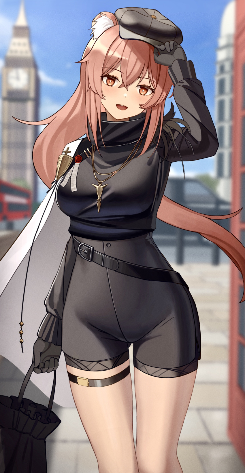 1girl :d absurdres animal_ear_fluff animal_ears arknights ass_visible_through_thighs bag bangs black_gloves black_shorts breasts building cape day elizabeth_tower eyebrows_visible_through_hair feet_out_of_frame gloves gravel_(arknights) gravel_(modeling_night)_(arknights) hair_between_eyes hand_on_headwear high-waist_shorts high_collar highres holding holding_bag jewelry large_breasts long_hair long_sleeves looking_at_viewer necklace official_alternate_costume open_mouth orange_eyes outdoors pink_hair shorts smile solo standing teruru0321 thigh_strap very_long_hair white_cape