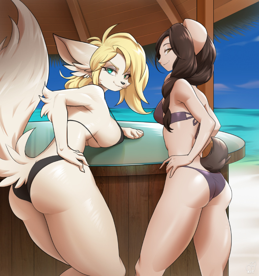 anthro beach big_butt bikini blonde_hair breast_size_difference breasts butt clothing duo female hair hand_on_hip kittell_(artist) looking_at_viewer looking_back looking_back_at_viewer mammal seaside swimwear