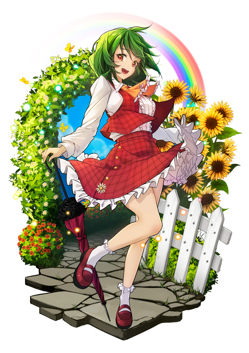 .sin 1girl ascot closed_umbrella collared_shirt flower frilled_skirt frills green_hair highres kazami_yuuka long_sleeves parasol plaid plaid_skirt plaid_vest red_eyes red_skirt red_vest shirt short_hair skirt skirt_set sunflower touhou umbrella vest wavy_hair white_shirt