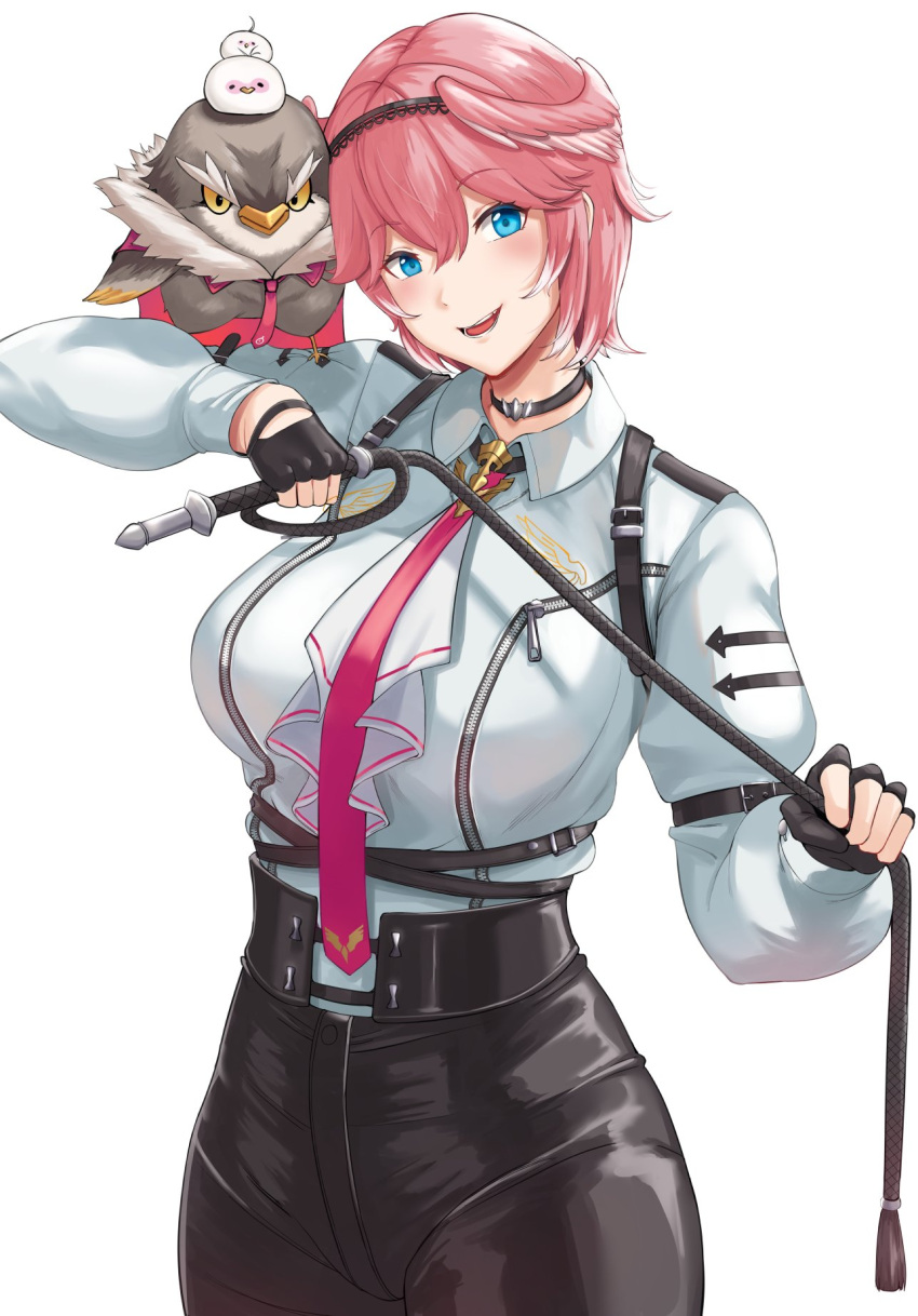 1girl animal_on_shoulder bird bird_on_shoulder black_choker black_shorts blue_eyes blush breasts choker collared_shirt frogmouth ganmo_(takane_lui) head_tilt high-waist_shorts highres holding holding_whip hololive large_breasts necktie open_mouth pink_necktie razzdrawing shirt shirt_tucked_in short_hair shorts smile solo takane_lui thai_commentary tsukune_(takane_lui) tsumire_(takane_lui) virtual_youtuber white_background white_shirt