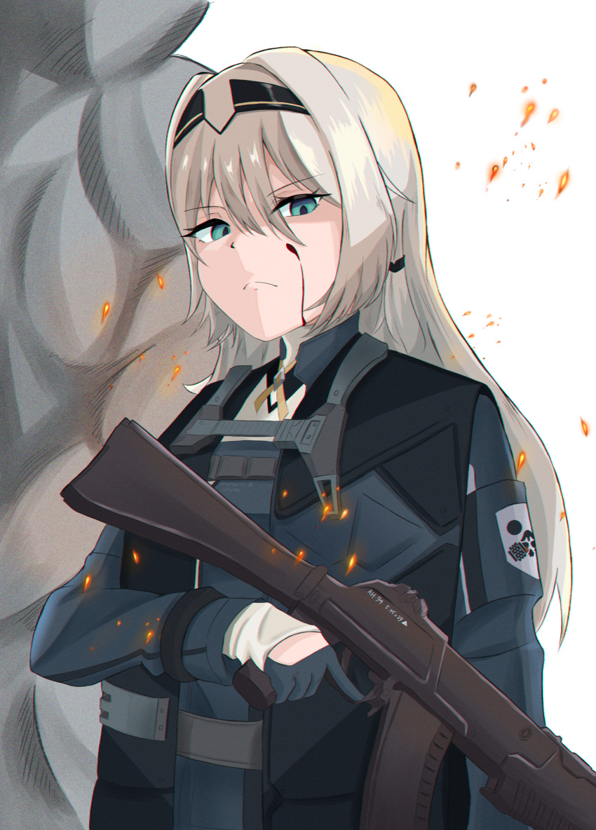 1girl absurdres an-94 an-94_(girls'_frontline) aqua_eyes aqua_gloves assault_rifle bangs black_hairband blonde_hair blood blood_on_face breasts closed_mouth eyebrows_visible_through_hair girls'_frontline gloves gun hair_between_eyes hair_ornament hairband hairclip highres holding holding_gun holding_weapon long_hair looking_at_viewer rifle serious simple_background small_breasts smoke solo tactical_clothes tigger_drawing unhappy upper_body weapon