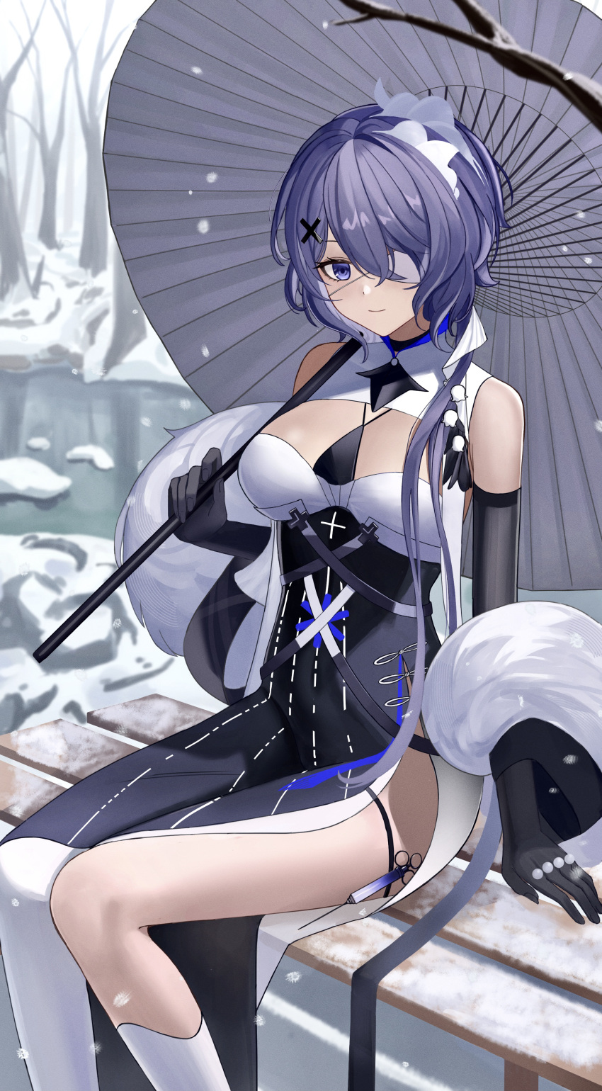 1girl absurdres arknights asymmetrical_legwear bare_shoulders black_dress black_gloves blue_eyes blush breasts closed_mouth day dress eyebrows_visible_through_hair eyepatch feet_out_of_frame fur_shawl gloves hair_ornament highres holding holding_umbrella kneehighs large_breasts long_hair looking_at_viewer official_alternate_costume oil-paper_umbrella one_eye_covered outdoors pelvic_curtain purple_hair single_kneehigh single_thighhigh sitting smile snowing solo syringe teruru0321 thigh_strap thighhighs umbrella underbust whisperain_(arknights) whisperain_(tremble_cold)_(arknights) white_legwear winter x_hair_ornament