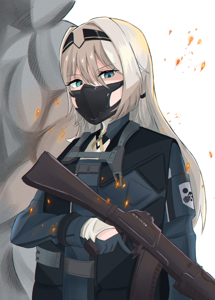 1girl absurdres an-94 an-94_(girls'_frontline) aqua_eyes aqua_gloves assault_rifle bangs black_hairband blonde_hair breasts eyebrows_visible_through_hair girls'_frontline gloves gun hair_between_eyes hair_ornament hairband hairclip highres holding holding_gun holding_weapon long_hair looking_at_viewer mask rifle serious simple_background small_breasts smoke solo tactical_clothes tigger_drawing upper_body weapon