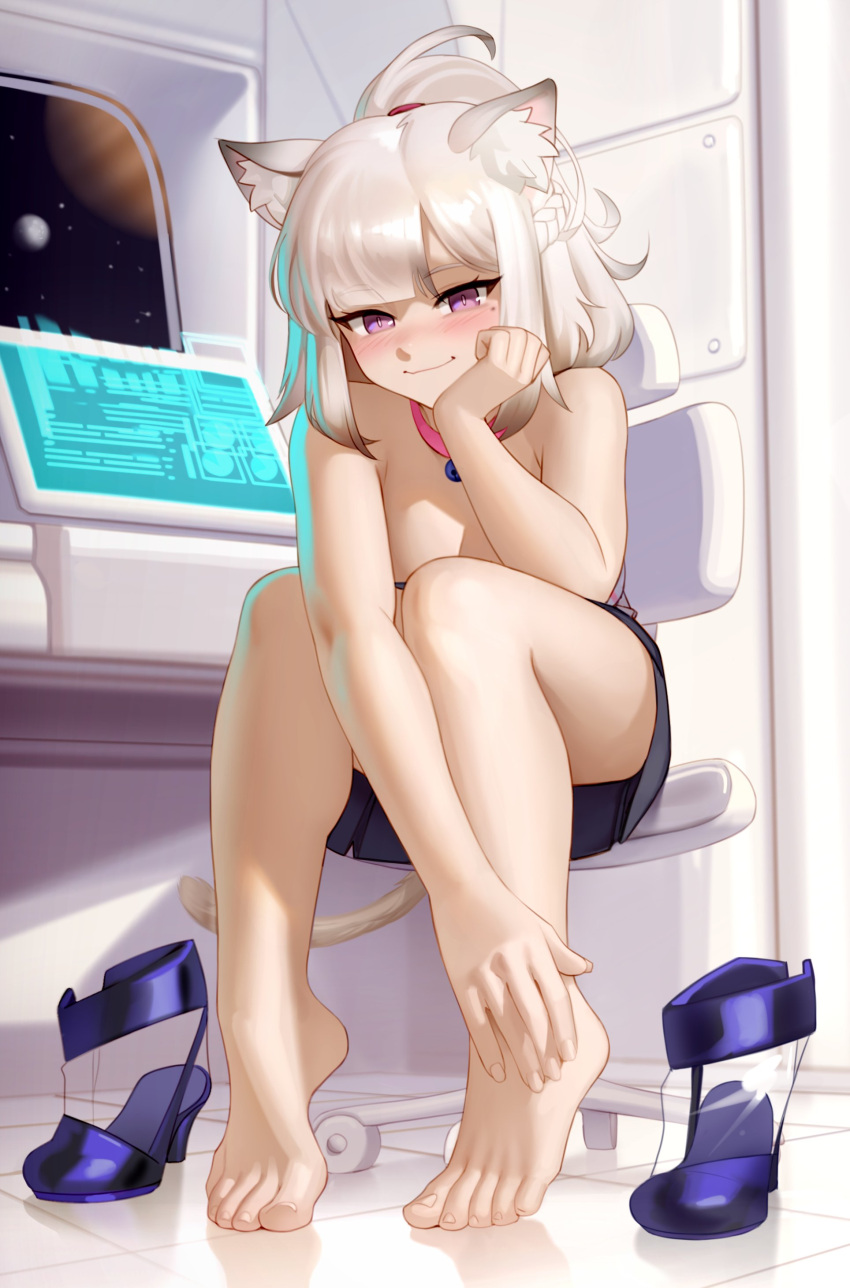 1girl absurdres animal_ear_fluff animal_ears bangs bare_arms bare_shoulders barefoot black_skirt blush braid breasts cat_ears cat_tail chair collar commentary crown_braid english_commentary feet french_braid full_body hand_on_own_foot head_rest high_heels highres kairunoburogu legs looking_at_viewer medium_breasts mole mole_under_eye office_chair original pink_collar pink_eyes ponytail shoes shoes_removed sitting skirt smile solo space_craft spacecraft_interior tail thighs tiptoes toes white_hair