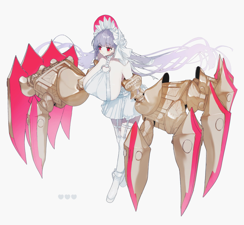 1girl absurdres bangs blunt_bangs blush bonnet bow breasts claw_(weapon) claws closed_mouth commentary eyebrows_visible_through_hair fate/extra fate/extra_ccc fate/grand_order fate_(series) full_body garter_straps garters grey_background halter_top halterneck headdress heart highres huge_breasts long_hair looking_away maid_headdress o-ring o-ring_top passionlip_(fate) pith_u purple_hair red_eyes sideboob simple_background skirt solo symbol-only_commentary thighhighs very_long_hair weapon white_bow white_footwear white_headdress white_headwear white_legwear white_skirt white_theme