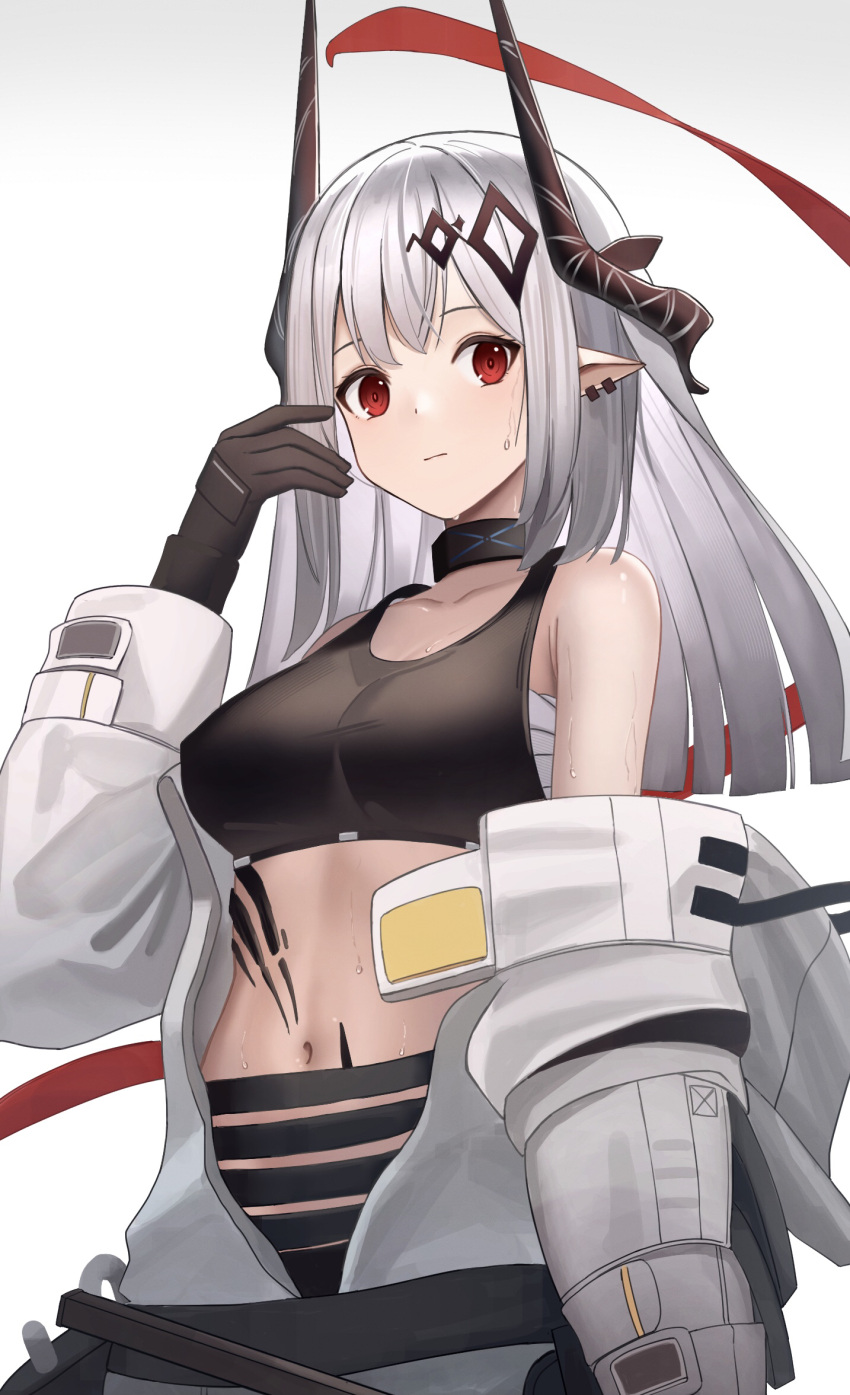 1girl arknights bangs bare_shoulders black_gloves breasts closed_mouth collarbone cowboy_shot earrings eyebrows_visible_through_hair gloves hand_up highres horns infection_monitor_(arknights) jewelry large_breasts long_hair long_sleeves looking_at_viewer mudrock_(arknights) navel off_shoulder open_clothes oripathy_lesion_(arknights) pointy_ears red_eyes sarashi sidelocks silver_hair simple_background solo sports_bra stomach straight_hair teruru0321 very_long_hair white_background