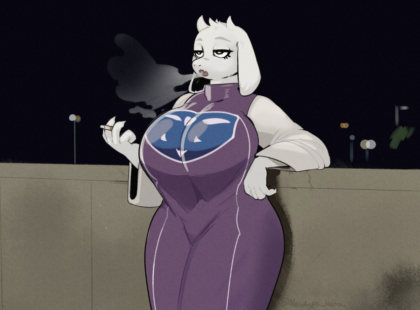 anthro big_breasts bored boss_monster bovid breasts caprine cigarette clothing curvy_figure dress female goat hi_res hourglass_figure mammal newtype_hero smoking solo toriel undertale undertale_(series) video_games white_body wide_hips