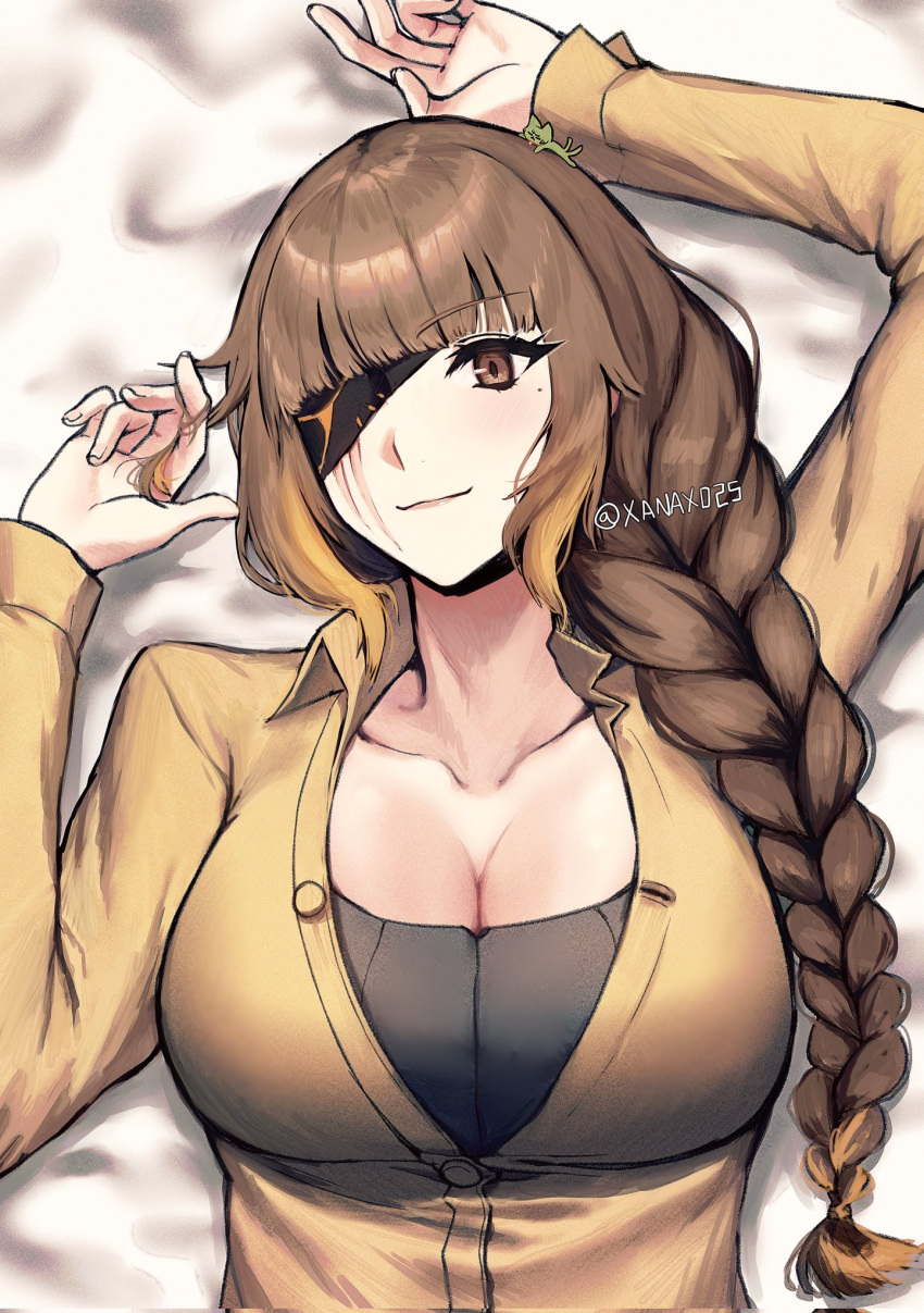 1girl breasts brown_hair closed_mouth eyepatch girls'_frontline highres large_breasts looking_at_viewer lying m16a1_(boss)_(girls'_frontline) m16a1_(girls'_frontline) mole mole_under_eye multicolored_hair necktie scar scar_across_eye scar_on_face simple_background smile solo xanax025
