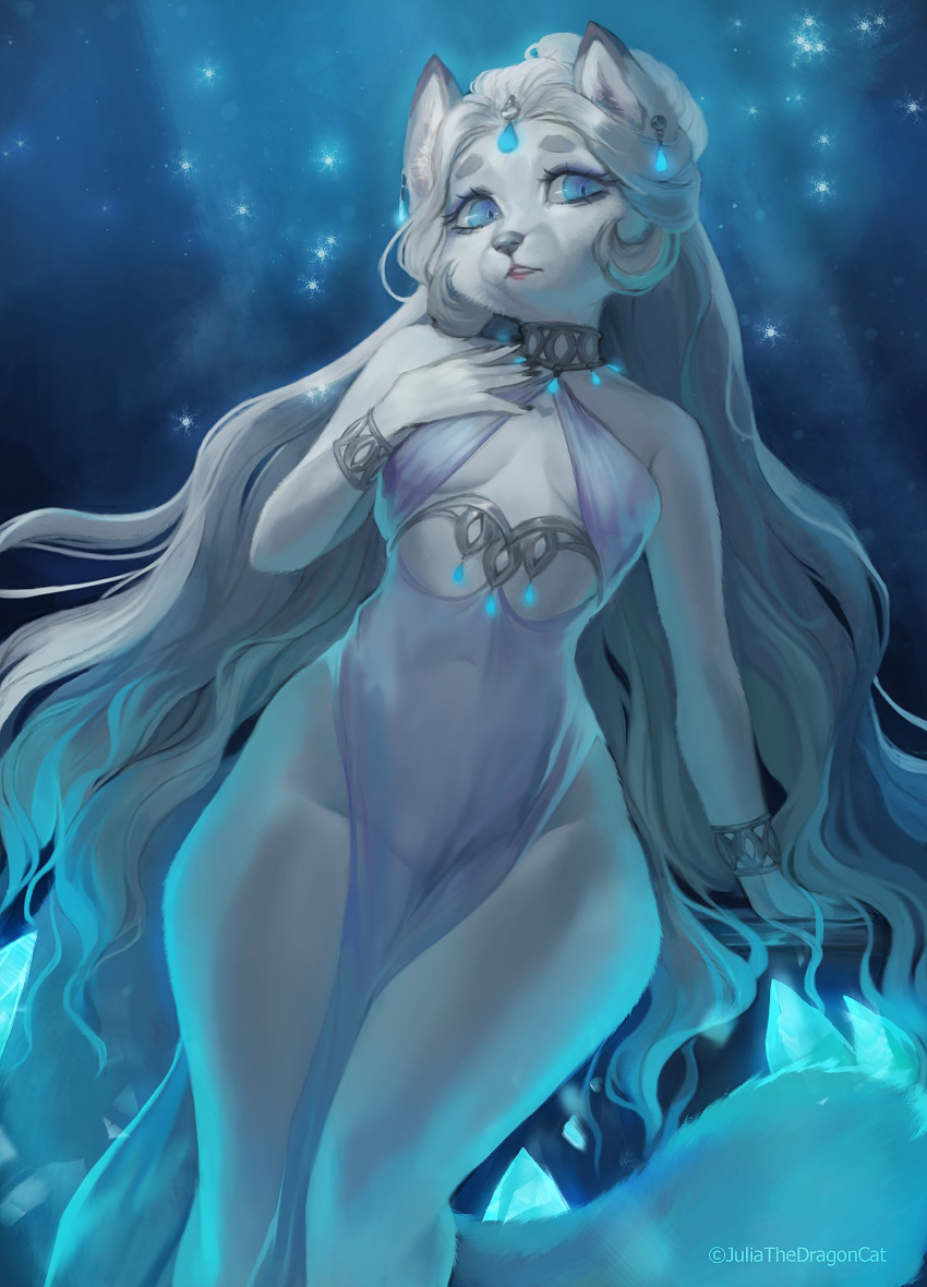 anthro breasts clothed clothing felid female fur hair hi_res juliathedragoncat long_hair mammal solo white_body white_fur wide_hips