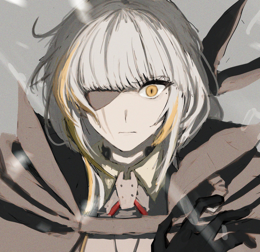 1girl :| artist_name closed_mouth eyepatch girls'_frontline grey_background highres m16a1_(boss)_(girls'_frontline) m16a1_(girls'_frontline) mole mole_under_eye multicolored_hair paw_print paw_print_background scar scar_across_eye scar_on_face simple_background streaked_hair white_hair xanax025 yellow_eyes