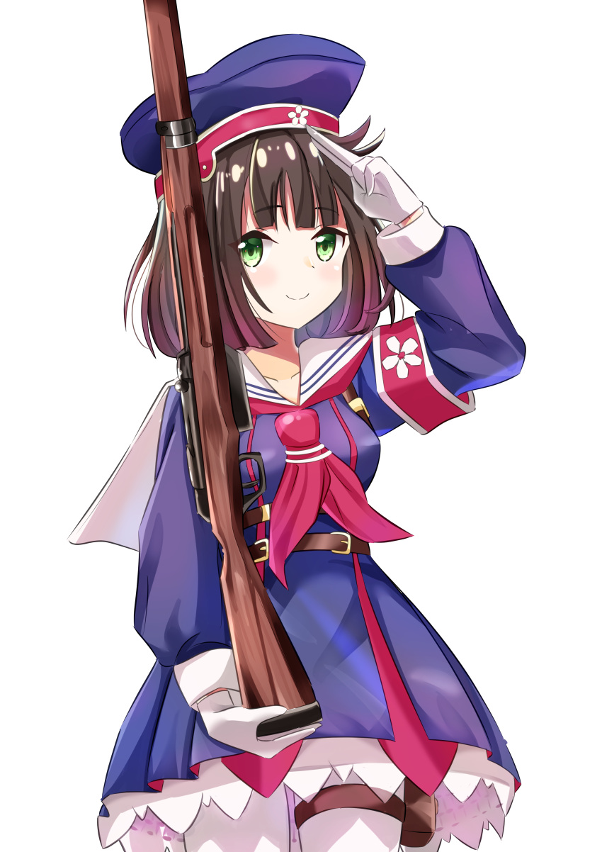 1girl absurdres bangs battle_rifle blue_headwear blush brown_hair closed_mouth eyebrows_visible_through_hair feet_out_of_frame girls'_frontline gloves green_eyes gun highres holding holding_gun holding_weapon holster looking_at_viewer medium_hair mutugorou_u rifle salute smile solo standing type_4_(girls'_frontline) type_4_rifle uniform weapon white_background white_gloves