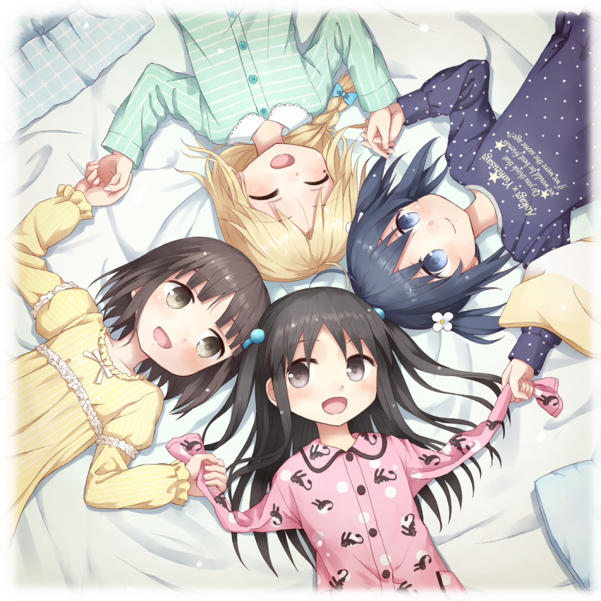 4girls :d ^_^ ^o^ ahoge amputee animal_print arm_up arms_up bangs bed_sheet black_hair blue_bow blue_eyes blunt_bangs blush bob_cut border borrowed_character bow braid bunny_print buttons child closed_eyes closed_mouth clothes_writing collarbone collared_shirt dark_blue_hair dot_nose double_amputee english_text eye_contact eyebrows_visible_through_hair fading_border flower frilled_sleeves frills green_pajamas green_shirt hair_bobbles hair_bow hair_flower hair_ornament hair_spread_out hand_up happy heads_together highres holding holding_hands horizontal_stripes indoors juliet_sleeves light_particles long_hair long_sleeves looking_at_another looking_to_the_side lying mole mole_under_eye multiple_girls no_arms on_back open_mouth original pajamas pink_pajamas pink_shirt plaid polka_dot polka_dot_pajamas polka_dot_shirt print_shirt puffy_sleeves purple_pajamas purple_shirt shirt short_hair short_twintails side_braid single_braid sleeve_garter smile star_(symbol) star_print striped striped_pajamas striped_shirt tareme twintails two_side_up upper_body upside-down vertical_stripes w_arms white_border wing_collar yellow_pajamas yuyuzuki_(yume_usagi)