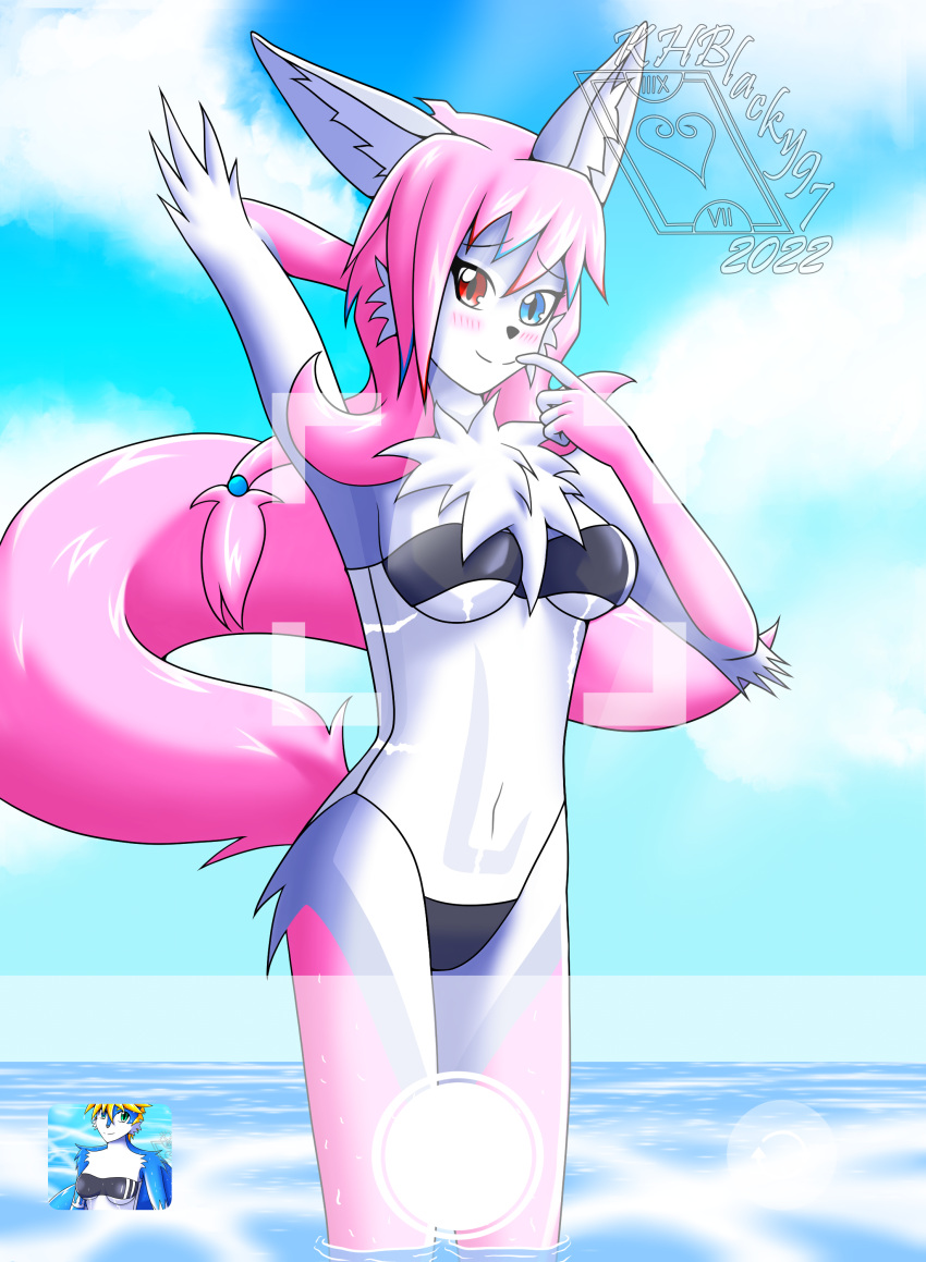 absurd_res anthro blackwing97 blush breasts canid canine clothing female fox fur fur_markings gris_swimsuit hi_res mammal markings meme meme_clothing one-piece_swimsuit phone_screen photo raised_arm sea shion_amaterasu shy_smile solo swimwear translucent translucent_clothing translucent_swimwear under_boob water