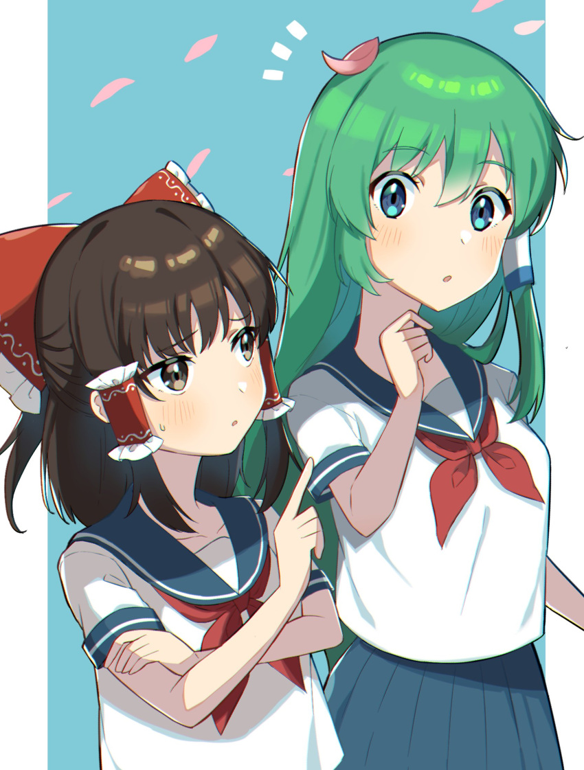 2girls alternate_costume bangs blue_background blue_skirt blush bow breast_conscious breasts brown_eyes brown_hair collarbone commentary_request falling_petals flat_chest frilled_hair_tubes frills frog_hair_ornament green_eyes green_hair hair_bow hair_ornament hair_tubes hakurei_reimu highres index_finger_raised kochiya_sanae large_breasts miz_(mizillustration) multiple_girls notice_lines open_mouth petals pleated_skirt pointing red_bow shiny shiny_hair short_hair short_sleeves sidelocks skirt snake_hair_ornament standing sweatdrop touhou white_serafuku