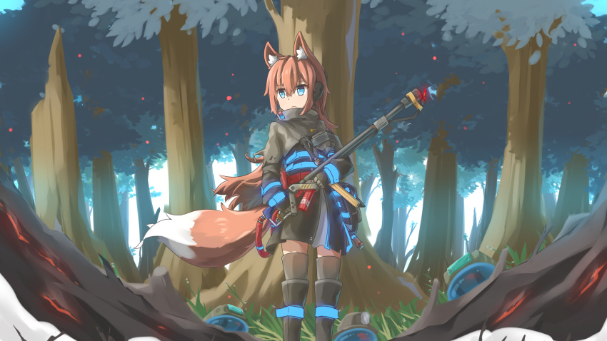 absurdres ahoge animal_ear_fluff animal_ears bangs black_dress black_gloves black_legwear blue_eyes day dress eyebrows_visible_through_hair flamethrower forest fox_ears fox_girl fox_tail gloves hair_between_eyes hair_over_shoulder highres hinbackc holding holding_weapon long_hair long_sleeves looking_to_the_side nature original outdoors red_hair scenery short_dress tail thighhighs weapon zettai_ryouiki