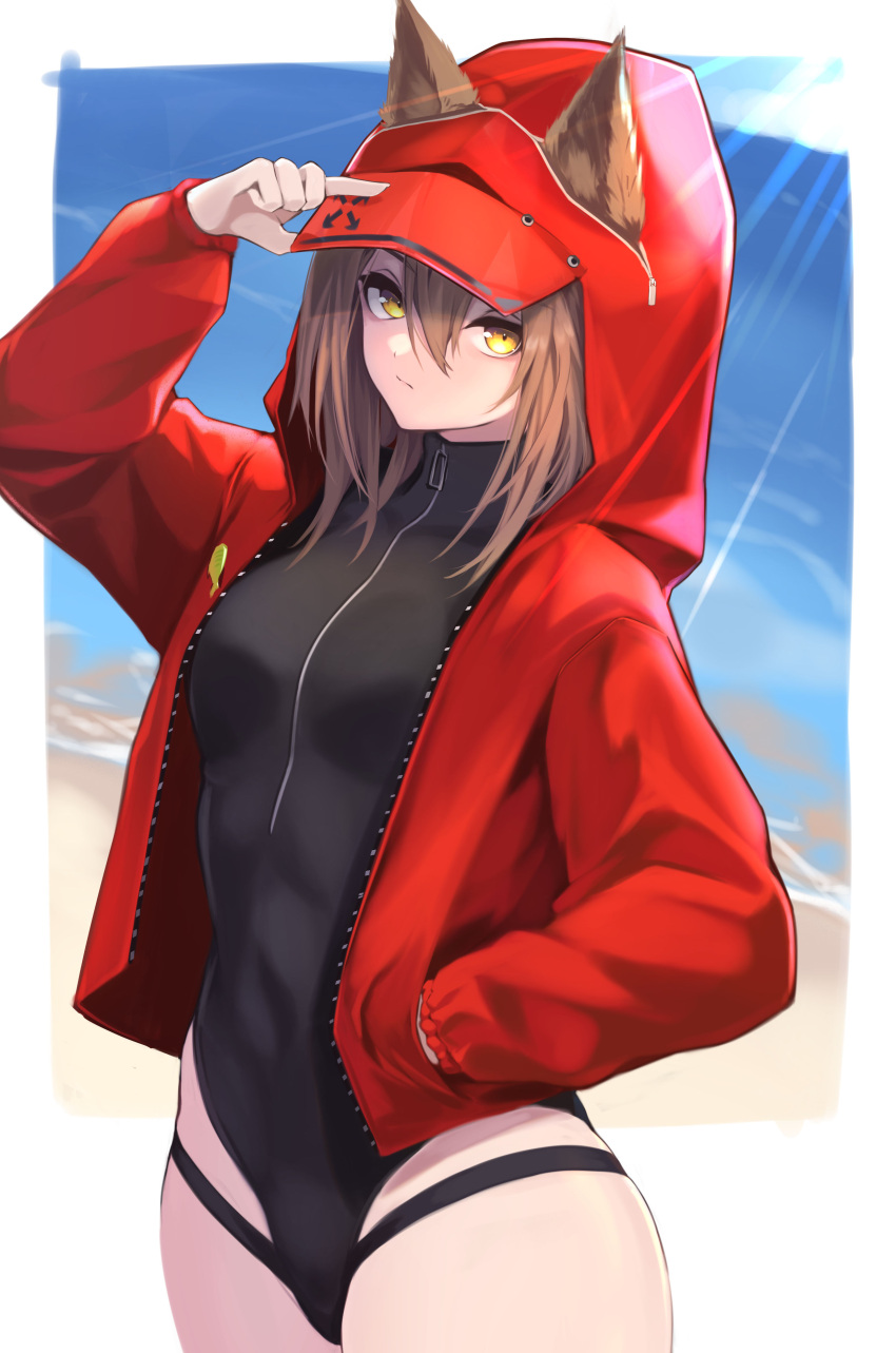 1girl absurdres animal_ears arknights arm_up bangs black_swimsuit border breasts brown_hair casual_one-piece_swimsuit closed_mouth covered_navel cowboy_shot day ears_through_headwear hair_between_eyes hand_in_pocket highres hood hood_up hooded_jacket jacket light_rays long_hair long_sleeves looking_at_viewer mari0ball medium_breasts ocean official_alternate_costume one-piece_swimsuit open_clothes open_jacket outdoors outside_border projekt_red_(arknights) projekt_red_(light_breeze)_(arknights) red_jacket solo sunbeam sunlight swimsuit water white_border wolf_ears yellow_eyes