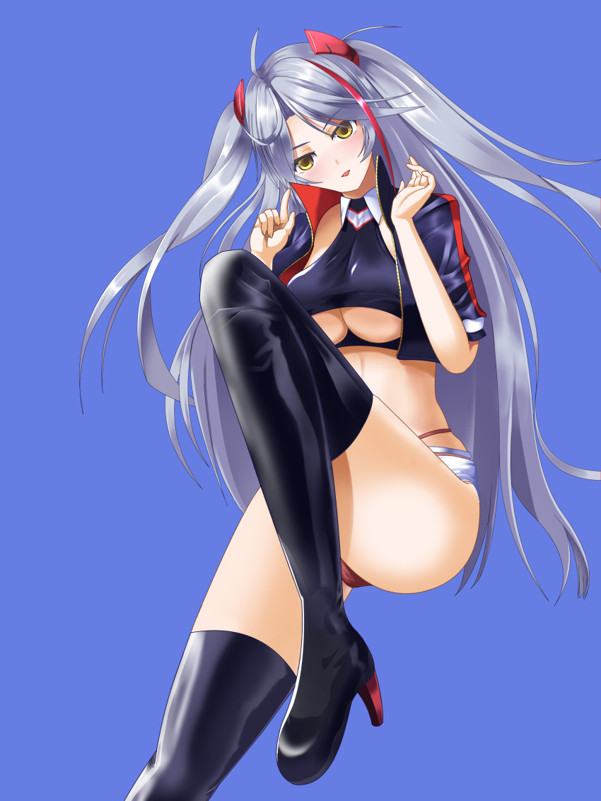 1girl absurdres azur_lane belt black_footwear blue_background boots breasts clothing_cutout cropped_shirt headgear high_heel_boots high_heels highres jacket large_breasts long_hair looking_at_viewer multicolored_hair official_alternate_costume panties panty_straps prinz_eugen_(azur_lane) prinz_eugen_(final_lap)_(azur_lane) purple_jacket race_queen rainman46 red_hair red_panties short_sleeves silver_hair simple_background solo streaked_hair thigh_boots thighhighs two-tone_hair underboob underboob_cutout underwear very_long_hair white_belt yellow_eyes