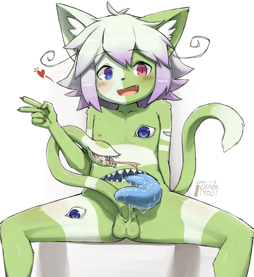 &lt;3 anthro arbre_(hane) blush chaos_iyoji domestic_cat eye_nipples felid feline felis genitals gesture green_body hair heterochromia hi_res highlights_(coloring) inner_ear_fluff loose_hair male mammal multicolored_body nude open_mouth open_smile penis purple_highlights reptile scalie signature sitting smile snake snake_penis solo spread_legs spreading stomach_mouth tongue tongue_out tuft two_tone_body unusual_anatomy unusual_genitalia unusual_penis v_sign white_body white_hair