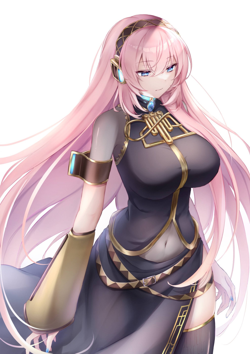 1girl absurdres armband black_legwear blue_eyes blue_nails breasts closed_mouth covered_navel detached_sleeves expressionless from_above from_side gold_trim headphones headset highres kkr_rkgk large_breasts long_hair long_skirt looking_ahead megurine_luka pink_hair shadow simple_background single_detached_sleeve single_sleeve skirt solo thighhighs very_long_hair vocaloid white_background