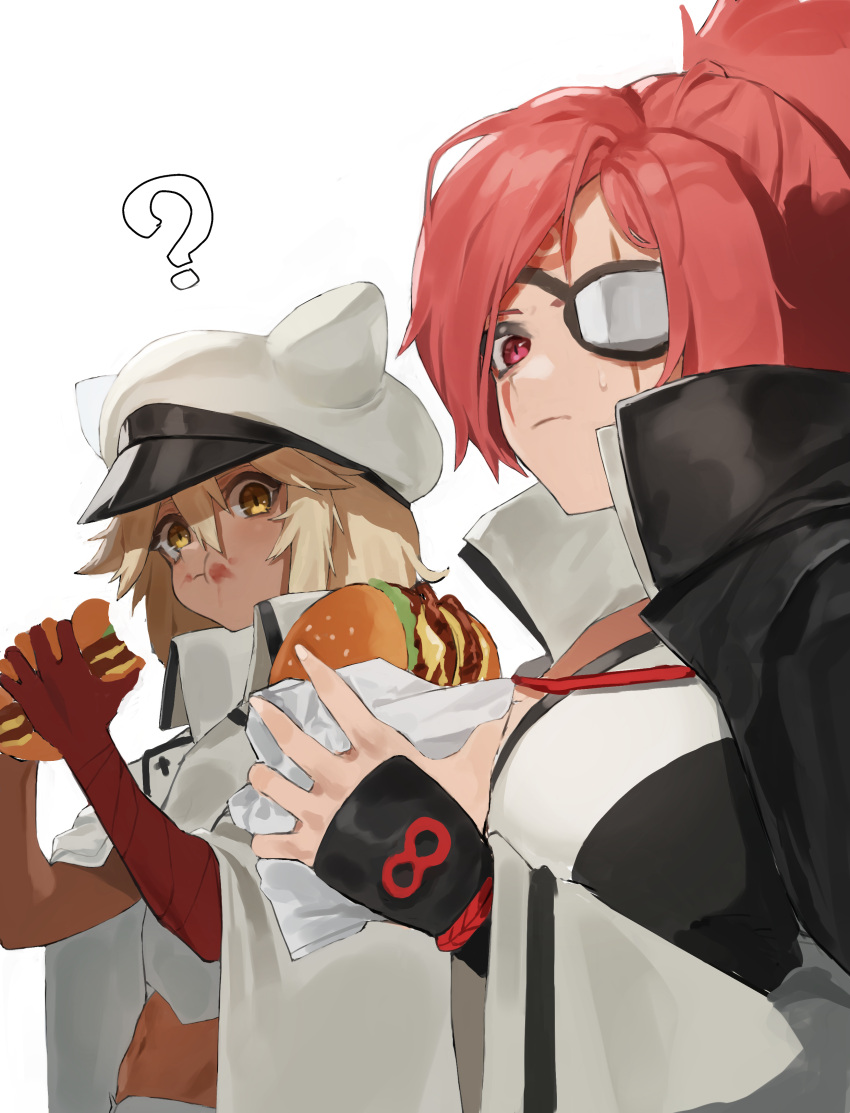 2girls ? absurdres baiken big_hair black_jacket black_kimono blonde_hair breasts burger cape dark-skinned_female dark_skin english_commentary eyepatch facial_tattoo flasso food food_on_face guilty_gear hat highres jacket jacket_on_shoulders japanese_clothes kimono large_breasts looking_at_another medium_breasts midriff multicolored_clothes multicolored_kimono multiple_girls navel one-eyed pink_hair ponytail ramlethal_valentine red_eyes scar scar_across_eye scar_on_face simple_background tattoo tsurime white_background white_kimono wrapper yellow_eyes