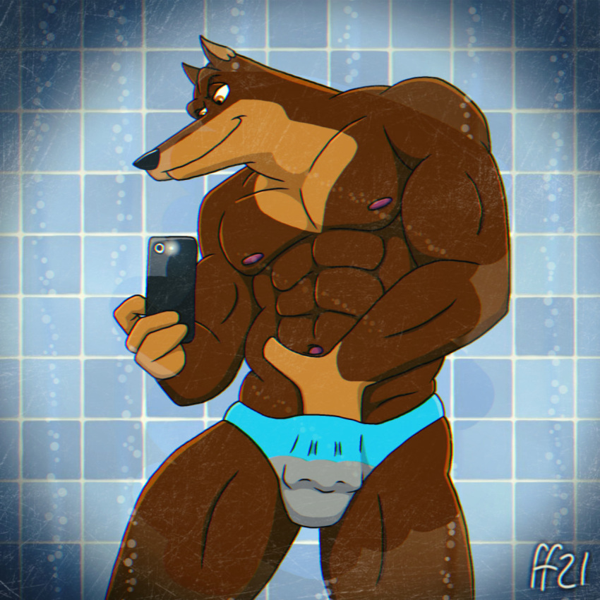 abs anthro blitz_(road_rovers) brown_body brown_fur bulge canid canine canis clothing dobermann domestic_dog fabfelipe fur grope groping_crotch groping_self hi_res male mammal muscular muscular_anthro muscular_male nipples pecs phone pinscher road_rovers solo speedo swimwear