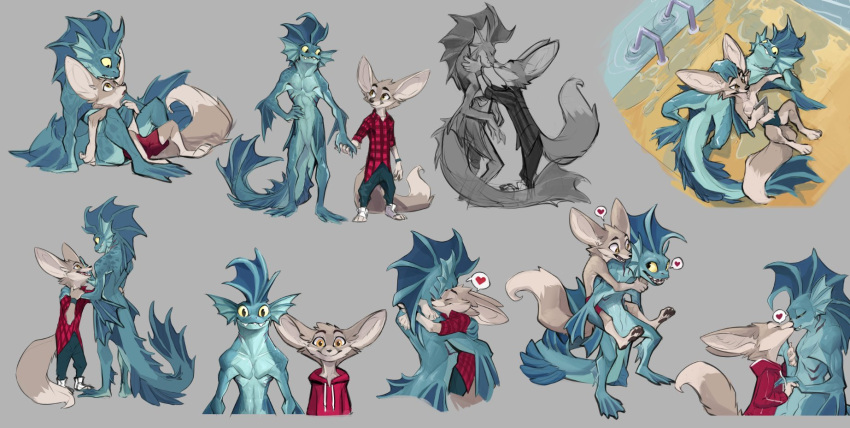 &lt;3 animal_humanoid anthro big_ears blue_body blue_skin blue_tail brown_body brown_fur brown_tail canid canine carrying clothing colored duo elranno embrace fennec fennec_boy_(elranno) fish fish_boy_(elranno) fish_humanoid flannel_shirt fox frill_(anatomy) fur gills grey_background greyscale hand_holding hi_res hoodie hug humanoid kissing licking looking_at_another lying_on_another lying_on_ground male male/male mammal marine marine_humanoid monochrome piggyback simple_background sitting speech_bubble speedo swimming_pool swimwear tongue tongue_out topwear