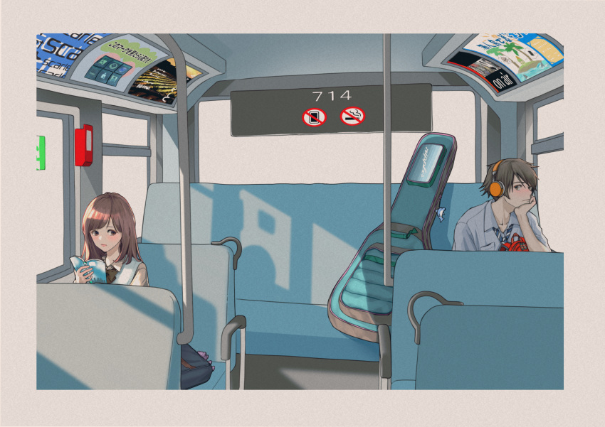 1boy 1girl absurdres bag black_hair book brown_hair bus_interior closed_mouth friends headphones highres holding holding_book looking_to_the_side macaronk necktie original shirt sitting