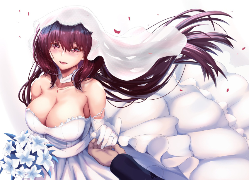 1boy 1girl bare_shoulders blush bouquet breasts bridal_gauntlets bridal_veil bride cleavage collarbone dress elbow_gloves fate/grand_order fate_(series) flower formal gloves highres jewelry large_breasts long_hair looking_at_viewer necktie petals purple_hair red_eyes ring rose_petals saboten_teishoku scathach_(fate) smile solo_focus strapless strapless_dress taking_another's_hand veil very_long_hair wedding wedding_dress wedding_ring white_background white_dress white_gloves