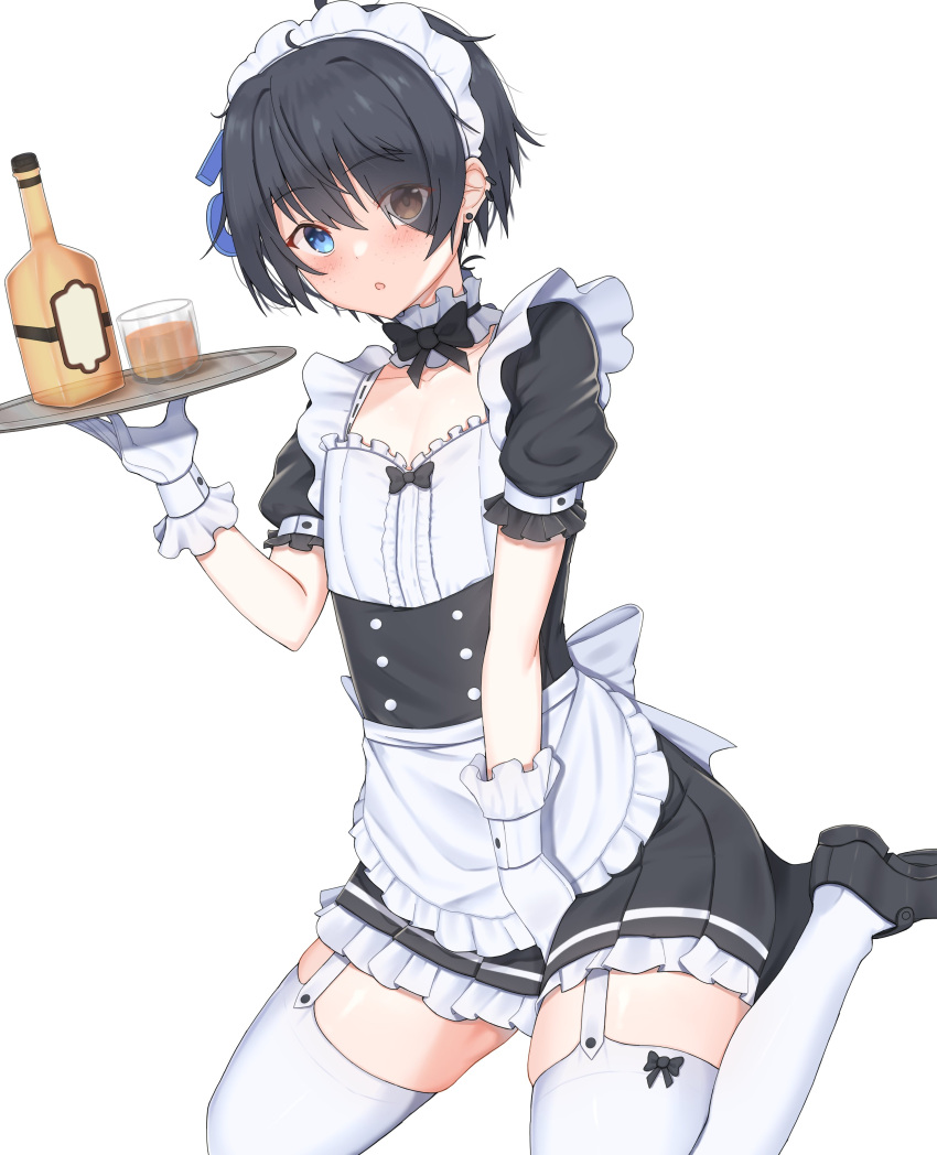 1boy absurdres aceofbros alcohol apron black_hair blue_eyes brown_eyes crossdressing freckles glass heterochromia highres indie_virtual_youtuber maid maid_apron maid_headdress matanori_morgan thick_thighs thighhighs thighs tray virtual_youtuber