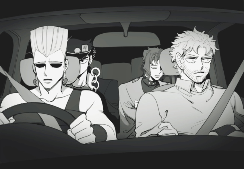 4boys beard car_interior chain driving eyes_in_shadow facial_hair flattop gakuran greyscale hat jean_pierre_polnareff jojo_no_kimyou_na_bouken joseph_joestar joseph_joestar_(old) kakyoin_noriaki kujo_jotaro male_focus monochrome multiple_boys old old_man school_uniform sempon_(doppio_note) sleeping stardust_crusaders