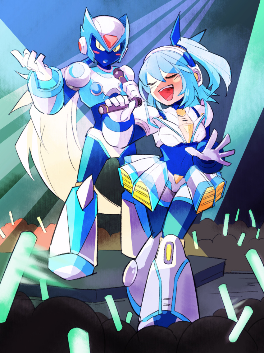 1boy 1girl blush closed_eyes facing_viewer glowstick highres holding holding_microphone humanoid_robot long_hair looking_at_viewer mega_man_(series) mega_man_x_(series) mega_man_x_dive microphone music norue open_mouth rico_(mega_man) short_hair short_ponytail side_ponytail singing smile teeth upper_teeth zero_(mega_man)