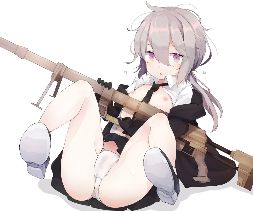 1girl areolae bipod black_gloves black_necktie black_neckwear black_skirt blush bolt_action breasts brown_jacket cheytac_m200 collared_shirt cowlick dress_shirt full_body girls'_frontline gloves gun hair_between_eyes highres holding holding_gun holding_weapon hood hood_down hooded_jacket jacket long_sleeves looking_at_viewer low_ponytail lying m200_(girls'_frontline) m_legs messy_hair necktie nipples off_shoulder on_back open_clothes open_jacket open_mouth open_shirt panties pleated_skirt purple_eyes rifle shadow shirt shoes sidelocks silver_hair simple_background skirt small_breasts sniper_rifle socks solo sweat teranekosu underwear weapon white_background white_legwear white_panties white_shirt