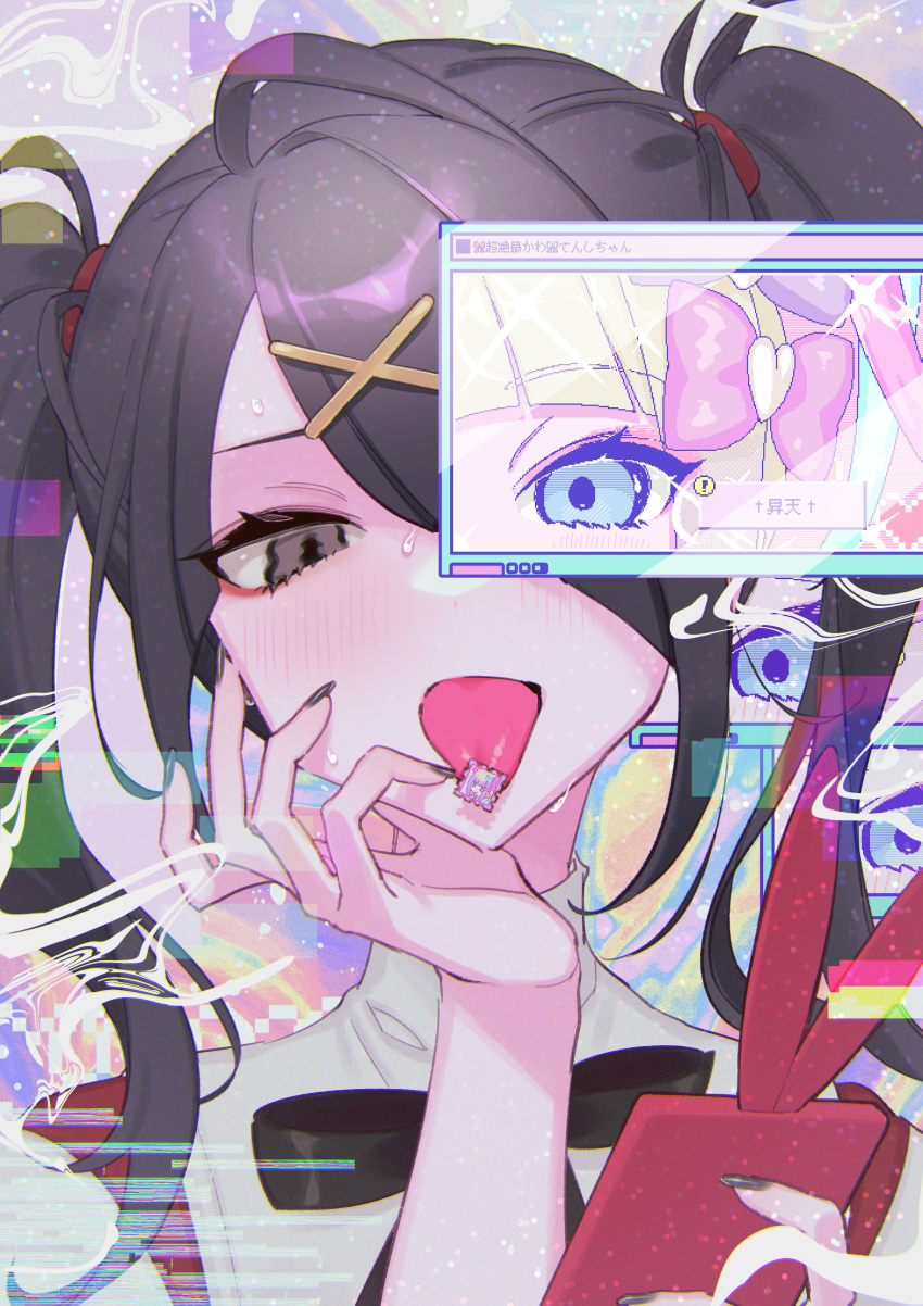 1girl absurdres acid acid_trip ame-chan_(needy_girl_overdose) black_bow black_hair black_nails blue_eyes blue_hair bow chouzetsusaikawa_tenshi-chan dress drugs extra_eyes eyebrows_visible_through_hair eyelashes grey_eyes hair_bow hand_on_own_face highres internet looking_at_viewer lsd multicolored_hair nail_polish needy_girl_overdose one_eye_covered phone pink_bow pink_hair purple_bow screen short_hair sidelocks solo tendosora tongue tongue_out twintails white_hair