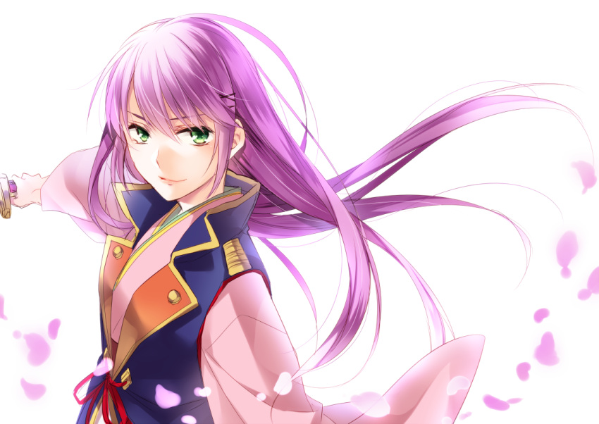 1girl eyebrows_visible_through_hair green_eyes hair_ornament hairclip harukanaru_toki_no_naka_de_3 hatsumi_(mdr323) holding holding_sword holding_weapon kasuga_nozomi lips long_hair long_sleeves looking_at_viewer purple_hair smile solo sword upper_body weapon white_background