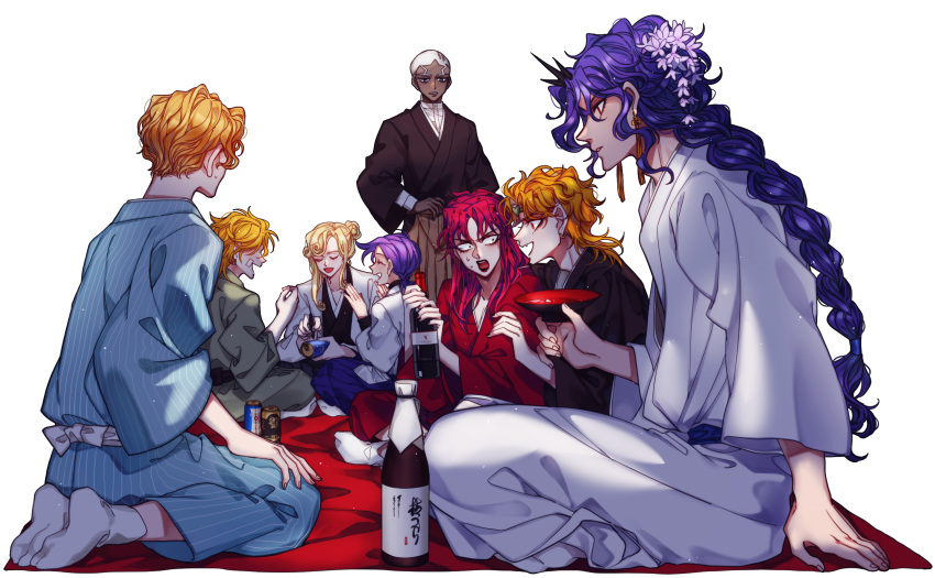 6+boys alcohol bandage_on_face bandages battle_tendency black_lips blanket blonde_hair cup curly_hair dark-skinned_male dark_skin diamond_wa_kudakenai diavolo diego_brando dio_brando enrico_pucci fang funny_valentine hair_up hakama hanami headband highres horns japanese_clothes jojo_no_kimyou_na_bouken kars_(jojo) kimono kira_yoshikage long_hair multiple_boys phantom_blood picnc polka_dot_hair ponytail purple_hair red_eyes sakazuki sake seiza sempon_(doppio_note) short_ponytail sitting stardust_crusaders steel_ball_run stone_ocean vento_aureo vinegar_doppio wavy_hair yukata