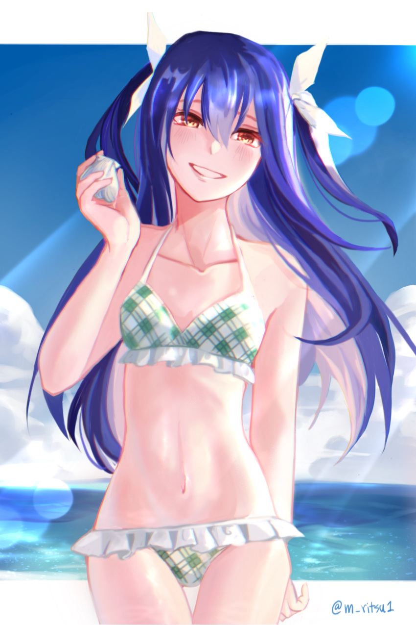 1girl absurdres arm_behind_back bangs bare_arms bikini blue_hair bow brown_eyes collarbone cowboy_shot fairy_tail flat_chest floating_hair frilled_bikini frills grin hair_between_eyes hair_bow halterneck head_tilt highres long_hair looking_at_viewer lowleg lowleg_bikini navel open_mouth shiny shiny_hair smile solo standing swimsuit thigh_gap tsaishanny twintails twitter_username very_long_hair wendy_marvell white_bow