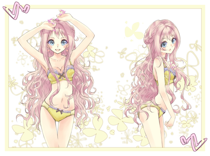 2girls :d absurdres arched_back armpits arms_up atelier_(series) atelier_meruru ateliermiyama bangs blush bra breasts cleavage collarbone earrings eyebrows_visible_through_hair framed frilled_bra frilled_panties frills highres jewelry long_hair looking_at_viewer merurulince_rede_arls multiple_girls nail_polish navel open_mouth panties pink_hair pink_nails sketch small_breasts smile standing star_(symbol) star_earrings thigh_gap underwear underwear_only very_long_hair yellow_bra yellow_panties