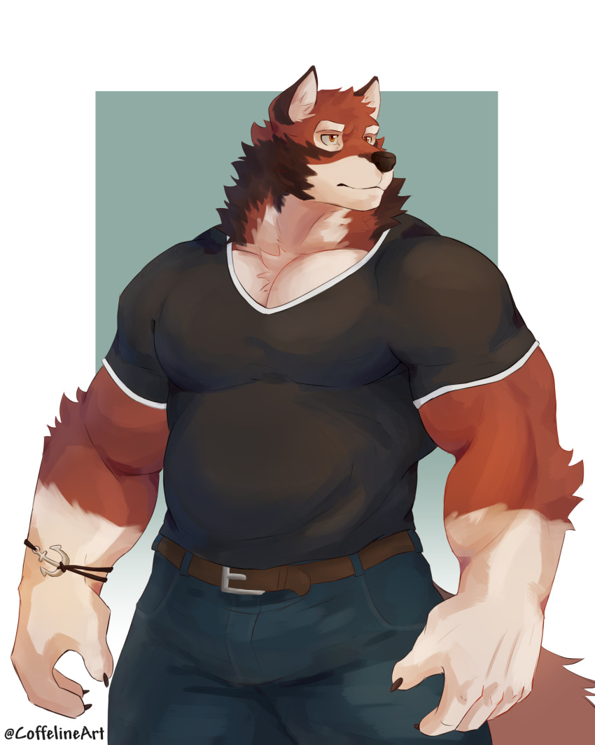 anthro belt bottomwear canid canine canis clothing coffeline echo_(game) echo_(series) echo_project fur hi_res leo_alvarez male mammal muscular neck_tuft pants red_body red_fur shirt solo tight_clothing tight_shirt tight_topwear topwear tuft video_games visual_novel wolf